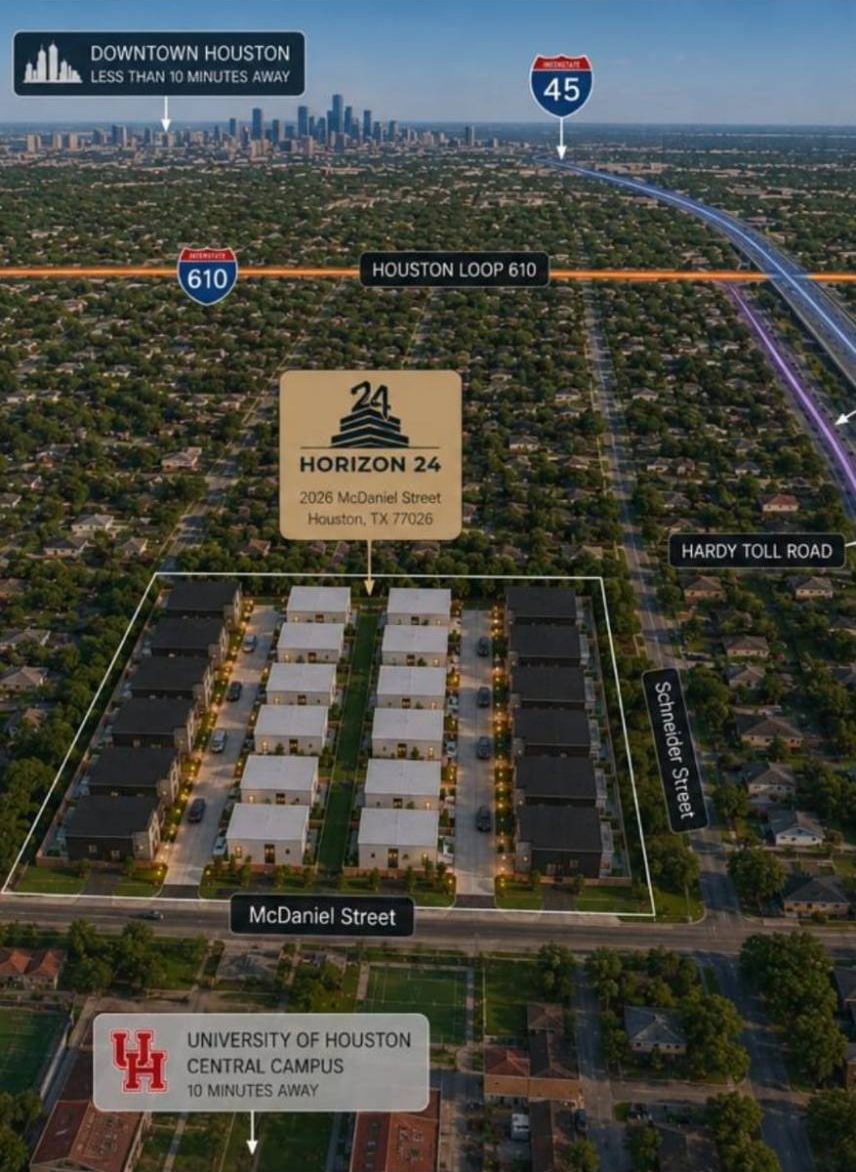 Aerial site plan of Horizon 24, 2026 McDaniel Street, Houston, TX 77026, showing proximity to Downtown Houston, I-45, Loop 610, Hardy Toll Road, and the University of Houston Central Campus